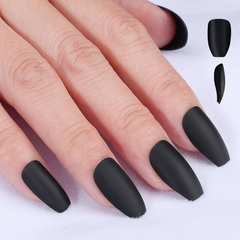Umillars 24PCS Black Fake Nails Full Cover Press on Short False Nail Art Tips Matte Glossy Medium Stiletto Almond Coffin Ballerina Reusable Acrylic Fingernail for Women Office Lady (Matte Coffin) - Image 1